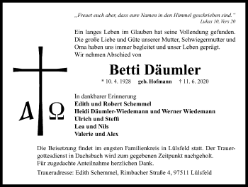 Traueranzeige von Betti Däumler von Neustadt/ Scheinfeld/ Uffenheim