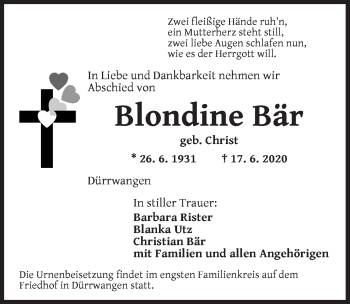 Traueranzeige von Blondine Bär von Dinkelsbühl/ Feuchtwangen