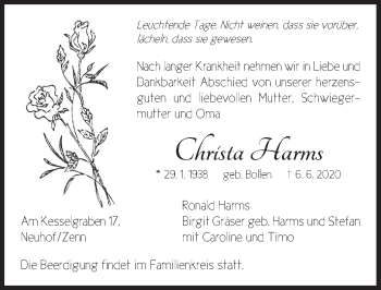 Traueranzeige von Christa Harms von Neustadt/ Scheinfeld/ Uffenheim