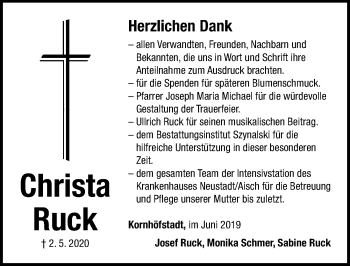 Traueranzeige von Christa Ruck von Neustadt/ Scheinfeld/ Uffenheim