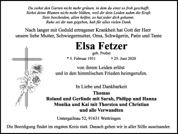 Traueranzeige von Elsa Fetzer von Rothenburg