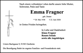 Traueranzeige von Emma Fragner von Rothenburg