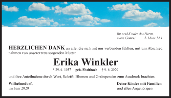 Traueranzeige von Erika Winkler von Neustadt/ Scheinfeld/ Uffenheim