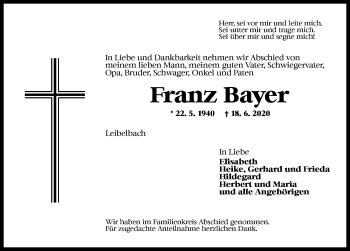 Traueranzeige von Franz Bayer von Ansbach