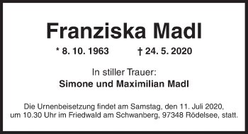 Traueranzeige von Franziska Madl von Ansbach