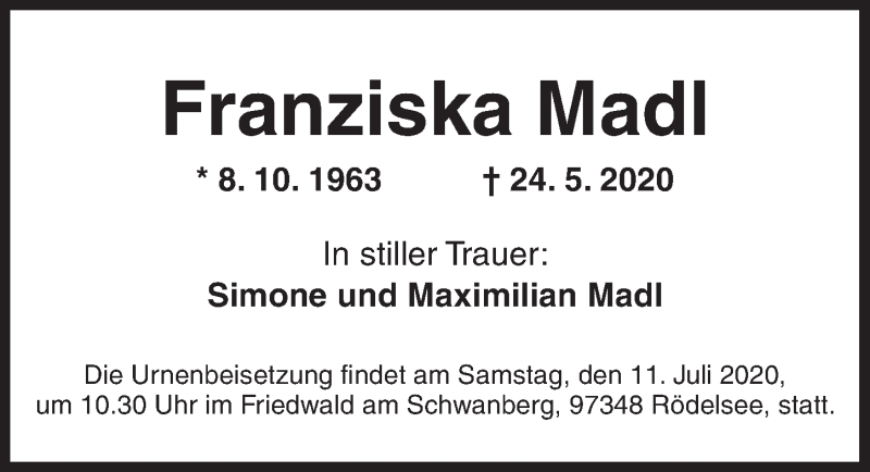  Traueranzeige für Franziska Madl vom 27.06.2020 aus Ansbach