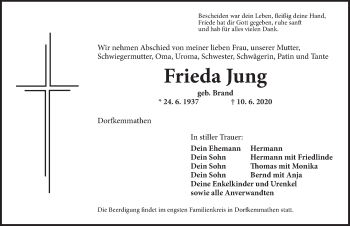 Traueranzeige von Frieda Jung von Dinkelsbühl/ Feuchtwangen