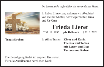 Traueranzeige von Frieda Lieret von Neustadt/ Scheinfeld/ Uffenheim