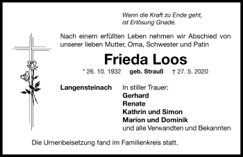 Traueranzeige von Frieda Loos von Neustadt/ Scheinfeld/ Uffenheim