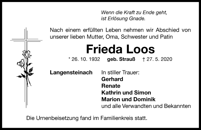  Traueranzeige für Frieda Loos vom 06.06.2020 aus Neustadt/ Scheinfeld/ Uffenheim
