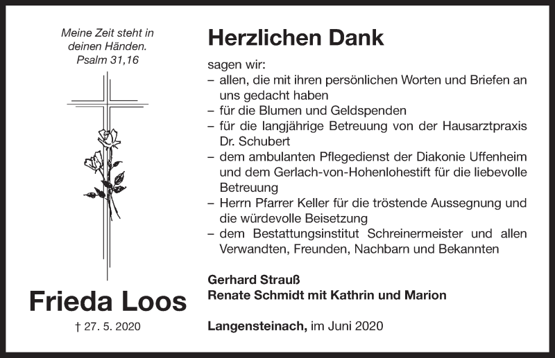  Traueranzeige für Frieda Loos vom 13.06.2020 aus Neustadt/ Scheinfeld/ Uffenheim