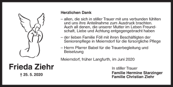 Traueranzeige von Frieda Ziehr von Dinkelsbühl/ Feuchtwangen