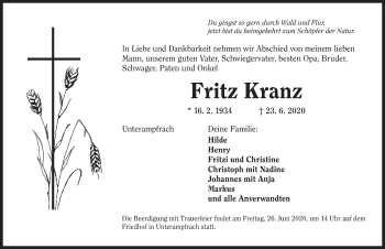 Traueranzeige von Fritz Kranz von Dinkelsbühl/ Feuchtwangen