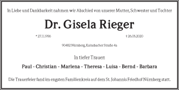 Traueranzeige von Gisela Rieger von Ansbach