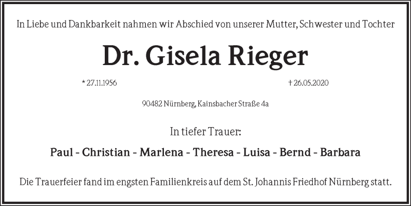  Traueranzeige für Gisela Rieger vom 03.06.2020 aus Ansbach