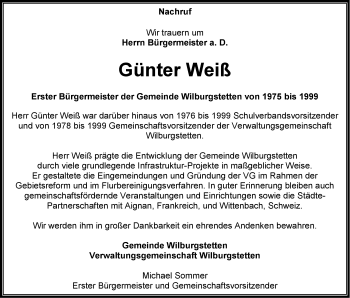 Traueranzeige von Günter Weiß von Dinkelsbühl/ Feuchtwangen