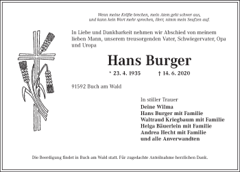 Traueranzeige von Hans Burger von Ansbach