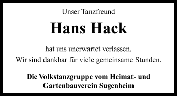 Traueranzeige von Hans Hack von Neustadt/ Scheinfeld/ Uffenheim