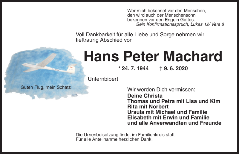  Traueranzeige für Hans Peter Machard vom 13.06.2020 aus Ansbach