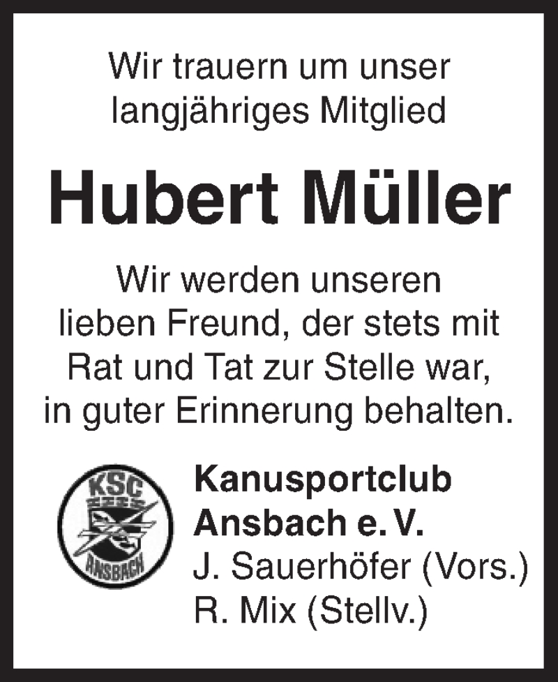  Traueranzeige für Hubert Müller vom 26.06.2020 aus Ansbach