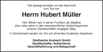 Traueranzeige von Hubert Müller von Ansbach