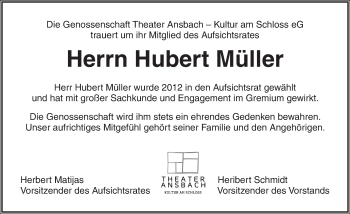 Traueranzeige von Hubert Müller von Ansbach