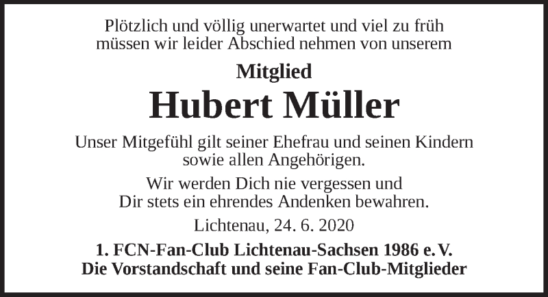  Traueranzeige für Hubert Müller vom 24.06.2020 aus Ansbach