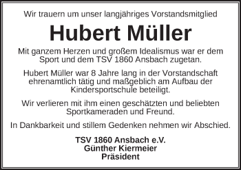 Traueranzeige von Hubert Müller von Ansbach