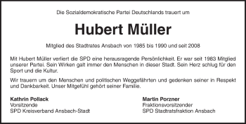 Traueranzeige von Hubert Müller von Ansbach