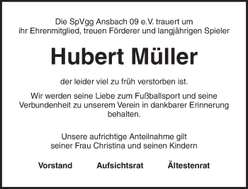 Traueranzeige von Hubert Müller von Ansbach