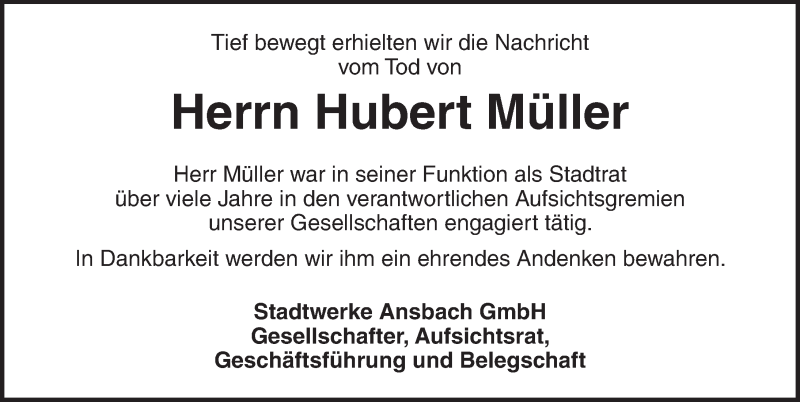  Traueranzeige für Hubert Müller vom 24.06.2020 aus Ansbach