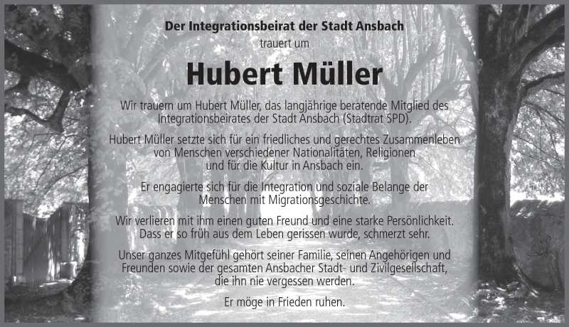  Traueranzeige für Hubert Müller vom 27.06.2020 aus Ansbach