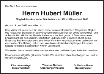 Traueranzeige von Hubert Müller von Ansbach