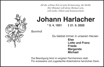 Traueranzeige von Johann Harlacher von Ansbach