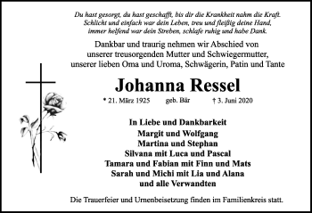 Traueranzeige von Johanna Ressel von Rothenburg