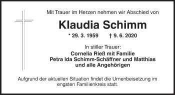 Traueranzeige von Klaudia Schimm von Ansbach