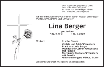 Traueranzeige von Lina Berger von Dinkelsbühl/ Feuchtwangen