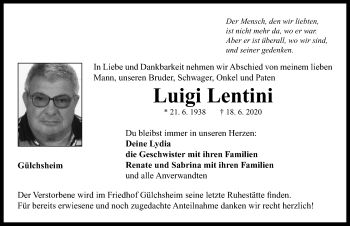 Traueranzeige von Luigi Lentini von Neustadt/ Scheinfeld/ Uffenheim