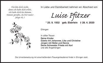 Traueranzeige von Luise Pfitzer von Dinkelsbühl/ Feuchtwangen