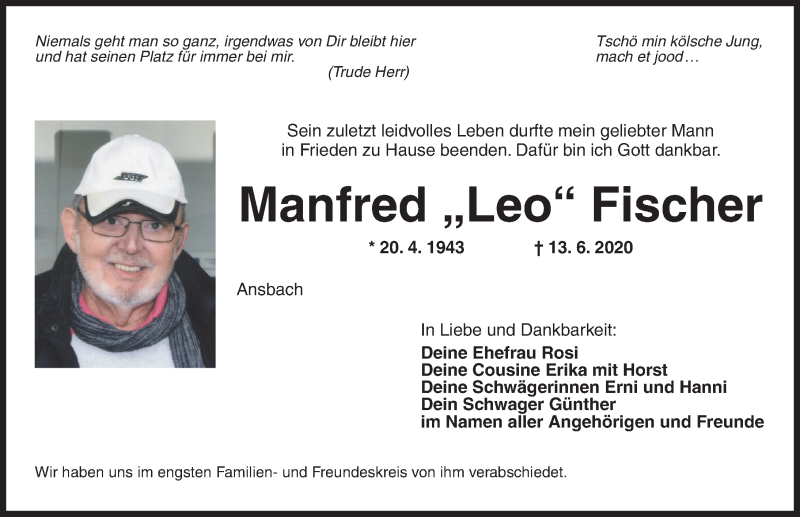  Traueranzeige für Manfred  Fischer vom 20.06.2020 aus Ansbach
