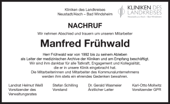 Traueranzeige von Manfred Frühwald von Neustadt/ Scheinfeld/ Uffenheim