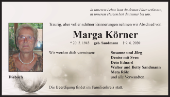 Traueranzeige von Marga Körner von Neustadt/ Scheinfeld/ Uffenheim