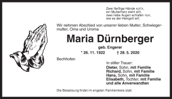 Traueranzeige von Maria Dürnberger von Dinkelsbühl/ Feuchtwangen