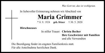 Traueranzeige von Maria Grimmer von Fränkische Landeszeitung