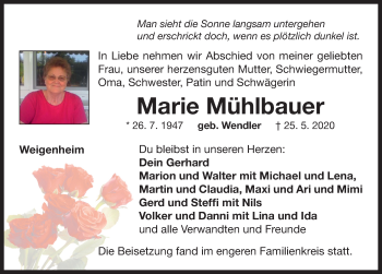 Traueranzeige von Marie Mühlbauer von Neustadt/ Scheinfeld/ Uffenheim