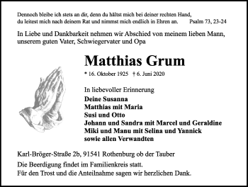 Traueranzeige von Matthias Grum von Rothenburg