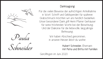 Traueranzeige von Paula Schneider von Dinkelsbühl/ Feuchtwangen