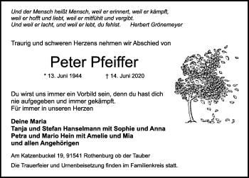 Traueranzeige von Peter Pfeiffer von Rothenburg