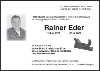 Traueranzeige von Rainer Eder von Dinkelsbühl/ Feuchtwangen