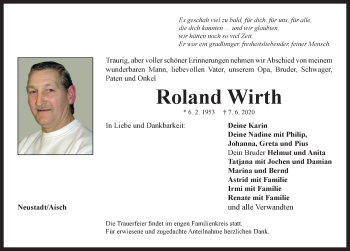 Traueranzeige von Roland Wirth von Neustadt/ Scheinfeld/ Uffenheim